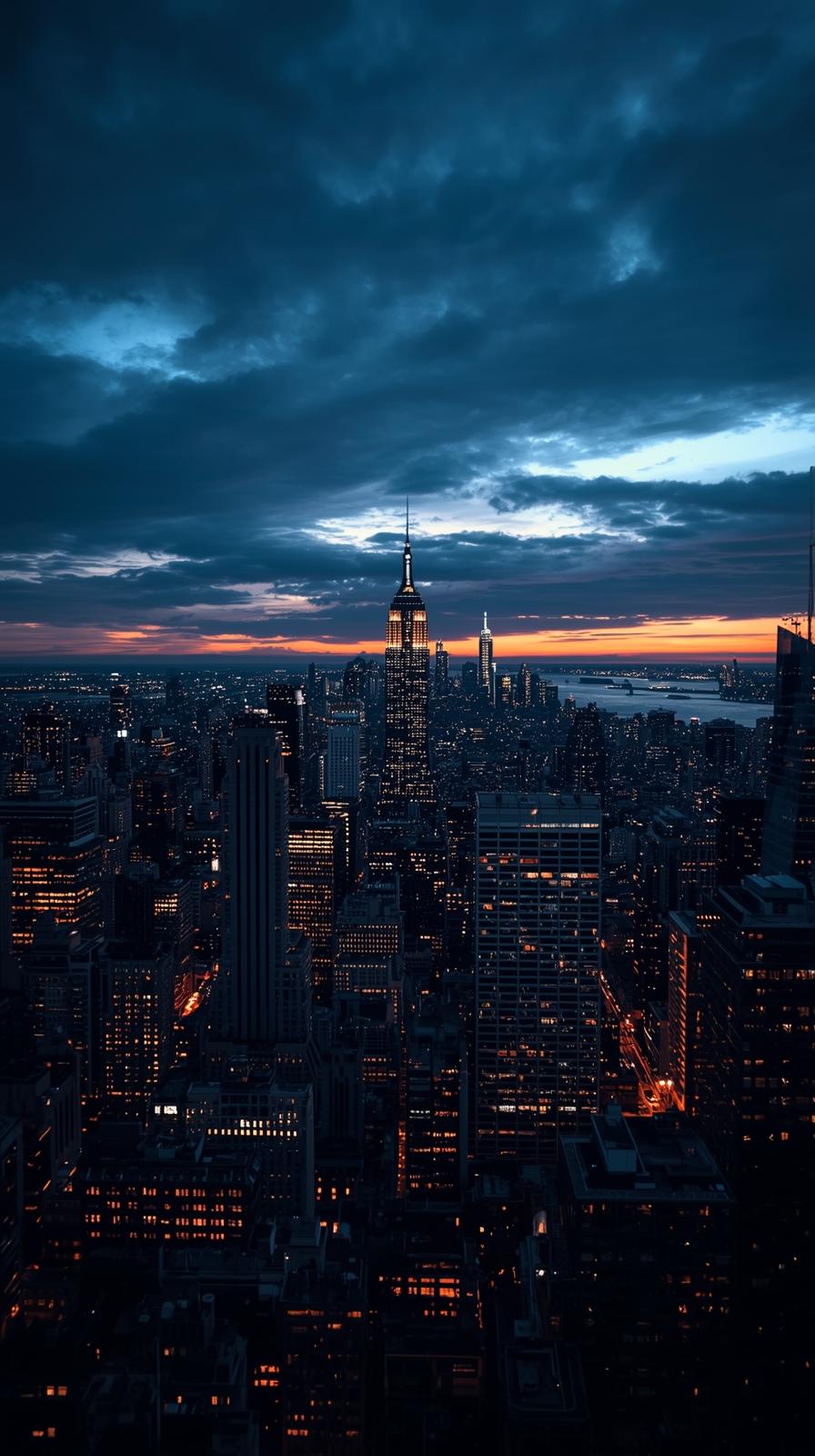 Wide Panoramic City Skyline At Dusk