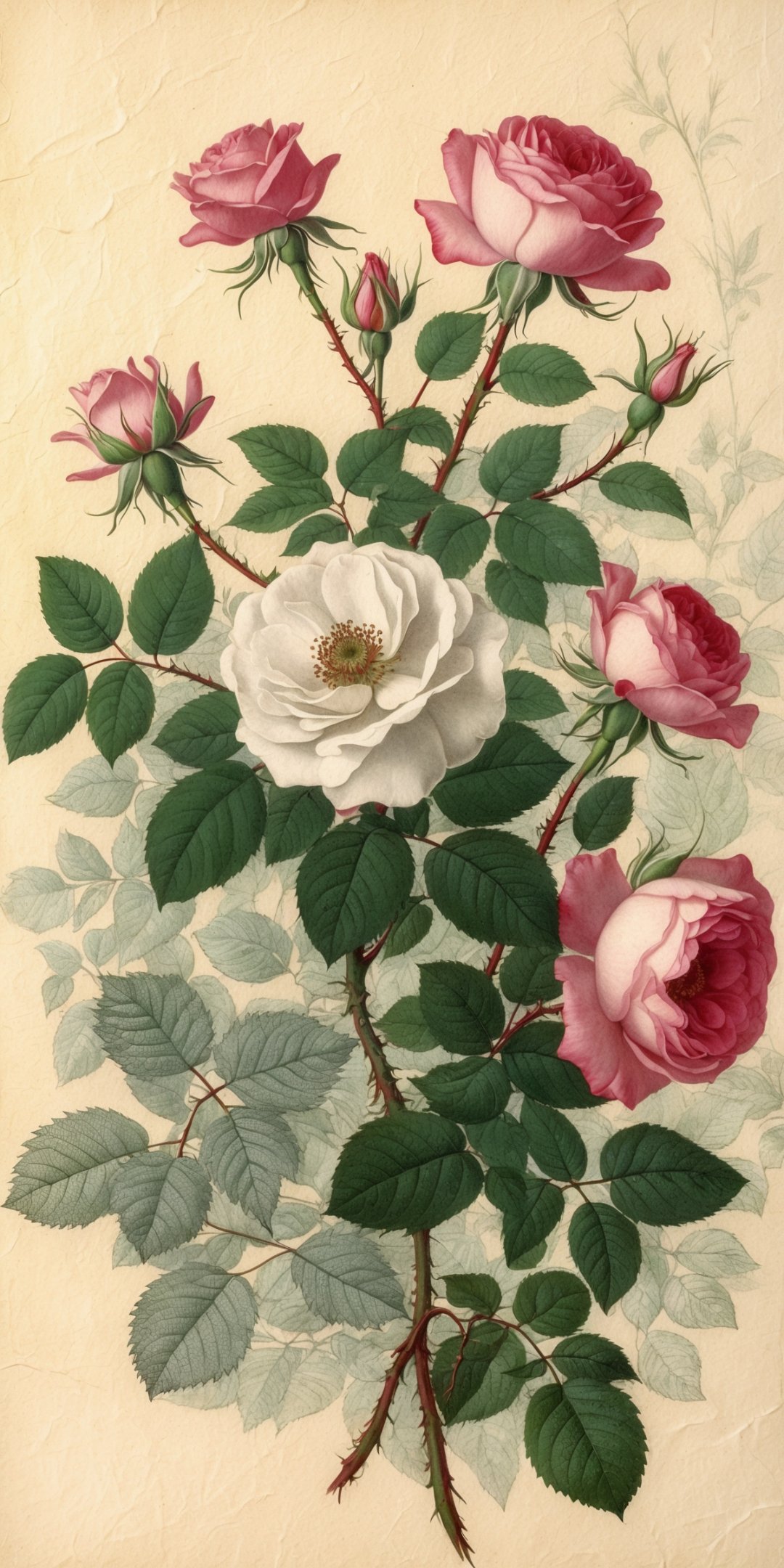 Vintage Botanical Illustration Of Roses With Delic