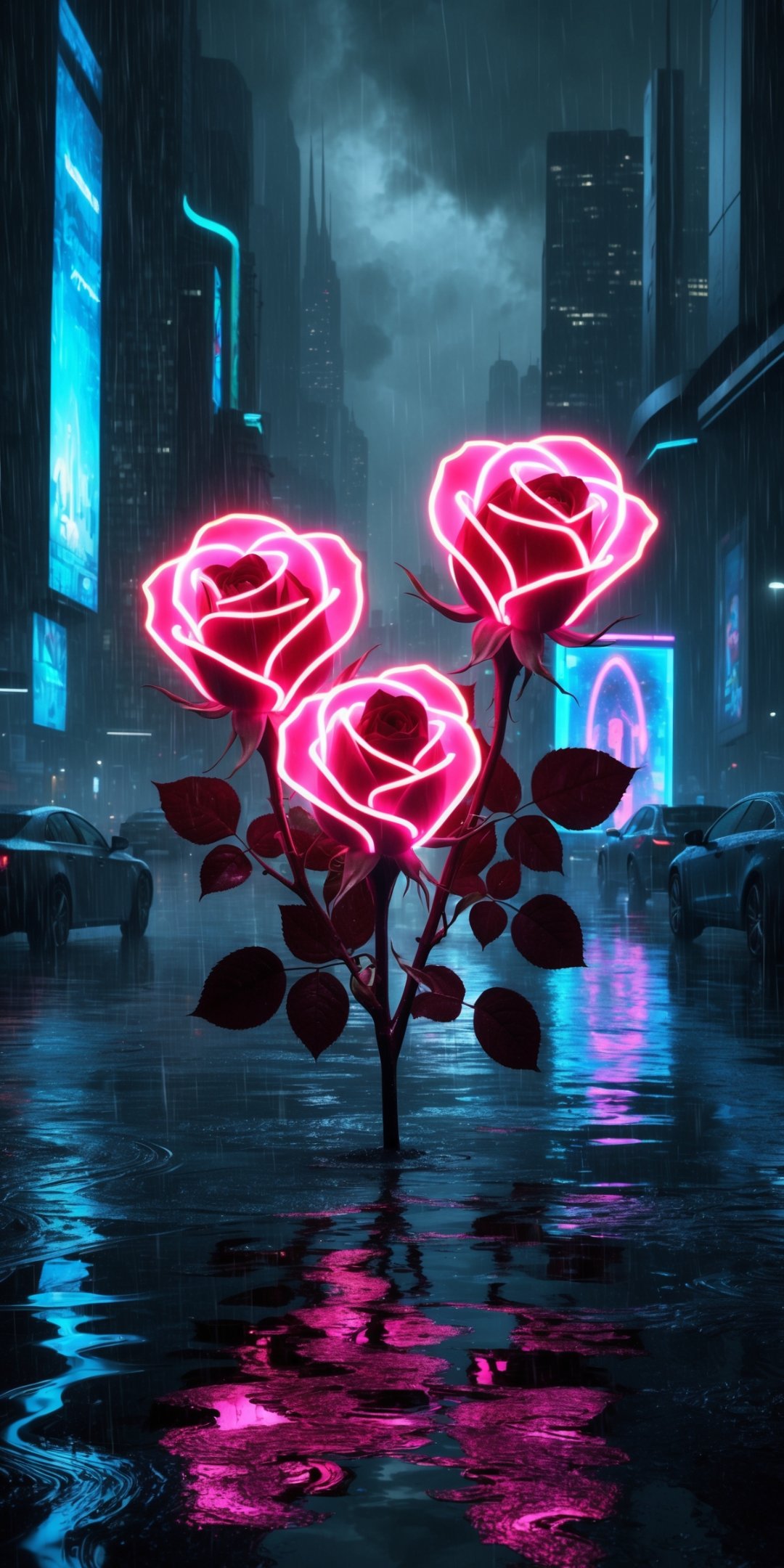 Neon Cyberpunk Roses With Glowing Edges And Delica