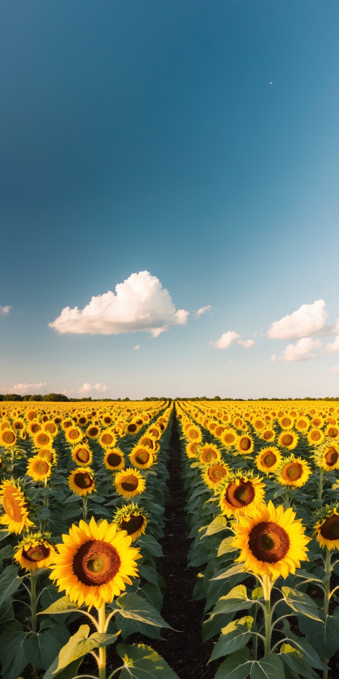 Field Of Vibrant Sunflowers With Large Dark Center