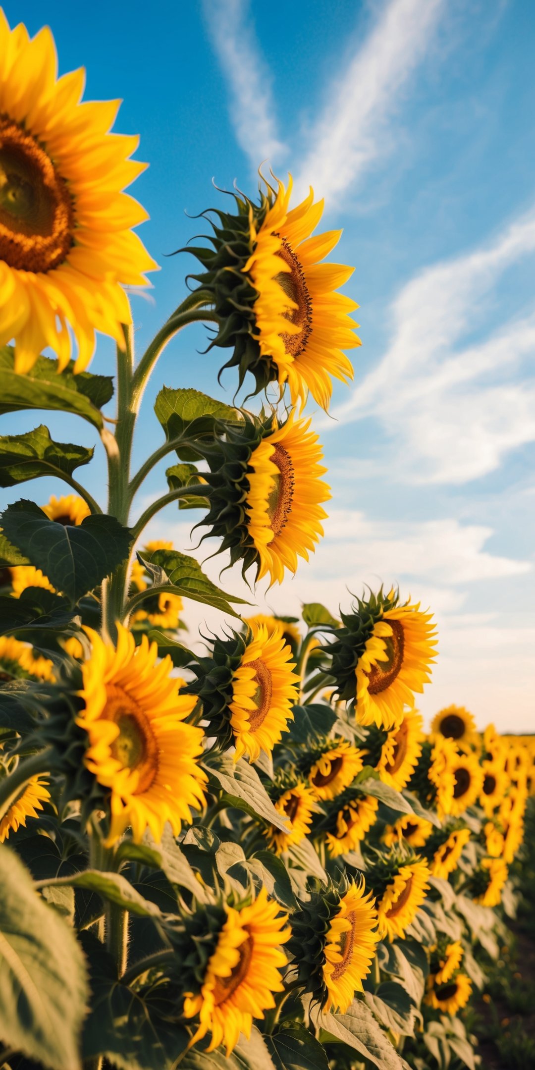 Field Of Vibrant Sunflowers With Large Bright Yell