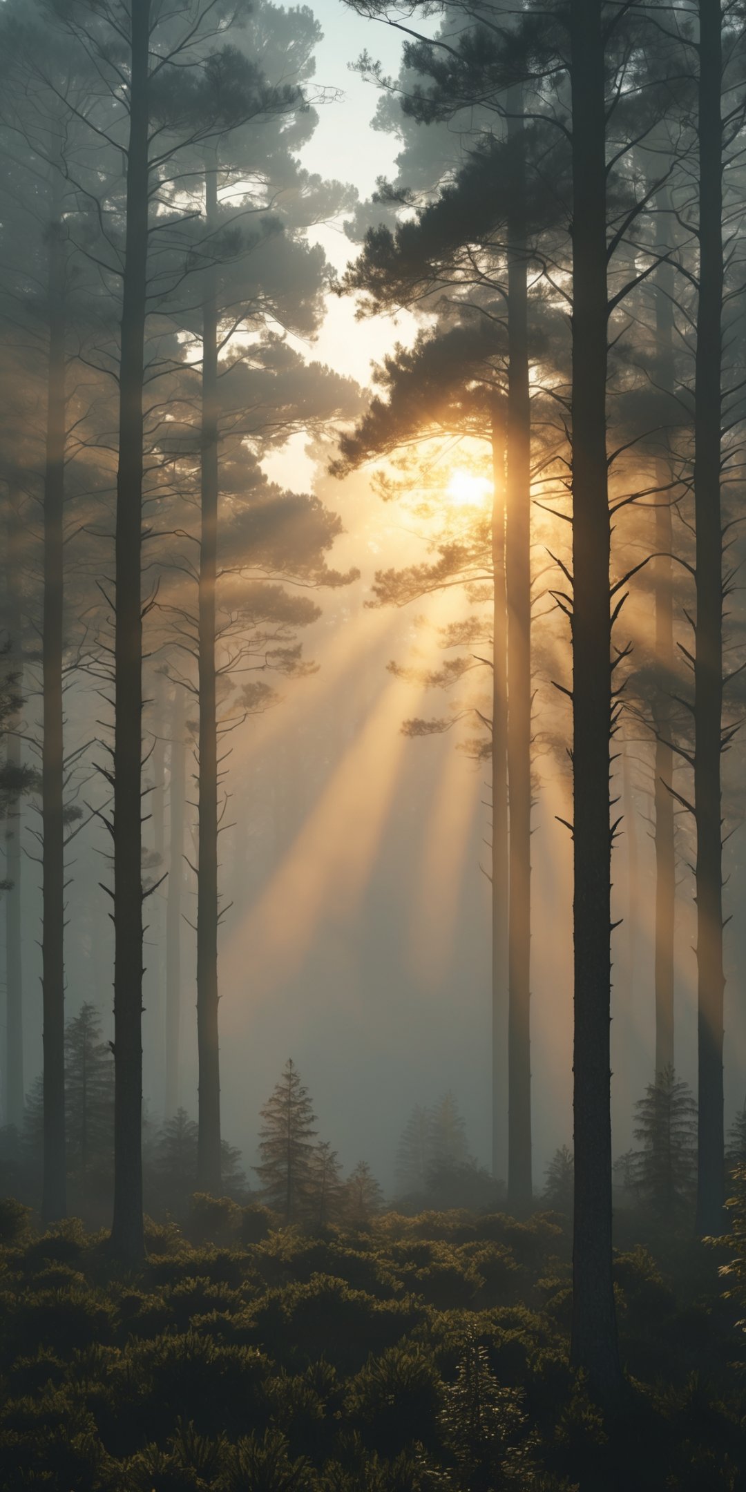 Ultrarealistic Misty Forest At Sunrise Tall Pine T