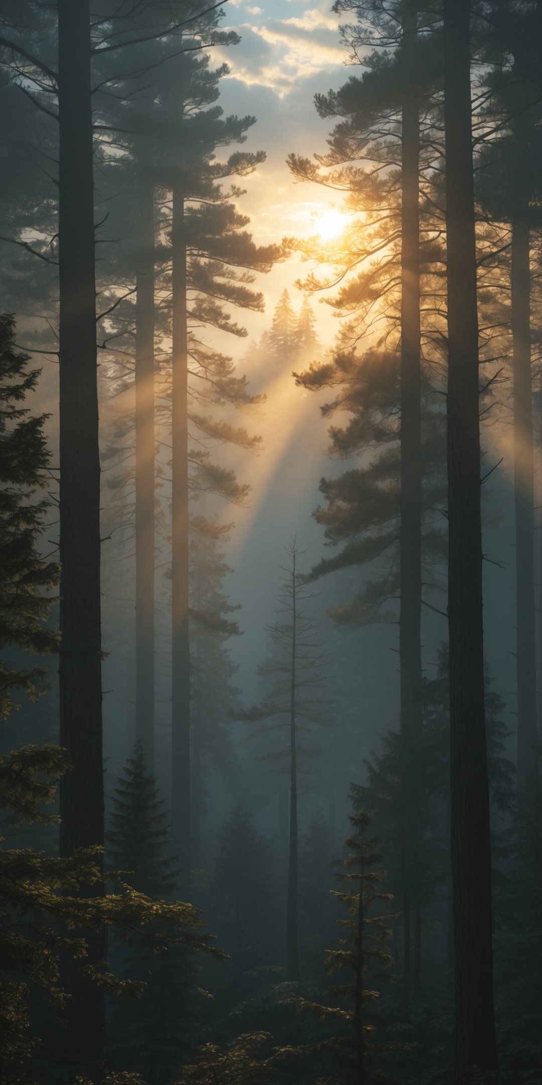 Ultrarealistic Misty Forest At Sunrise Tall Pine T