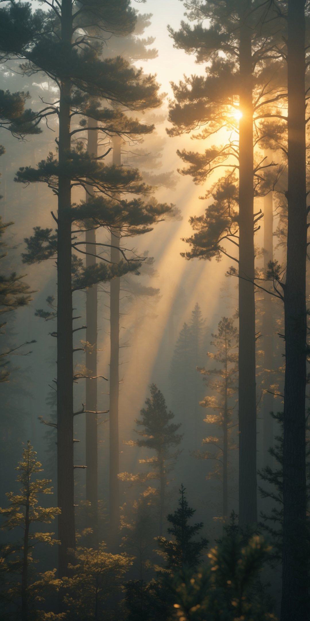 Ultrarealistic Misty Forest At Sunrise Tall Pine T