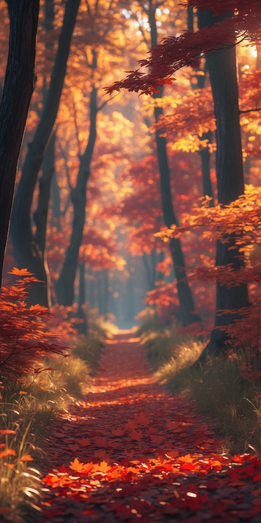Autumn Forest Path Covered With Vibrant Orange And