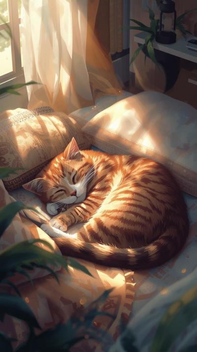 Sleeping Cat In House Wallpaper
