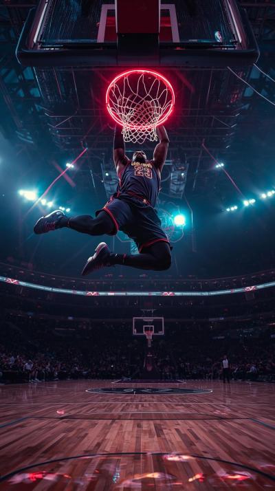 Close Up Of LeBron James Going Up For A Dunk Court