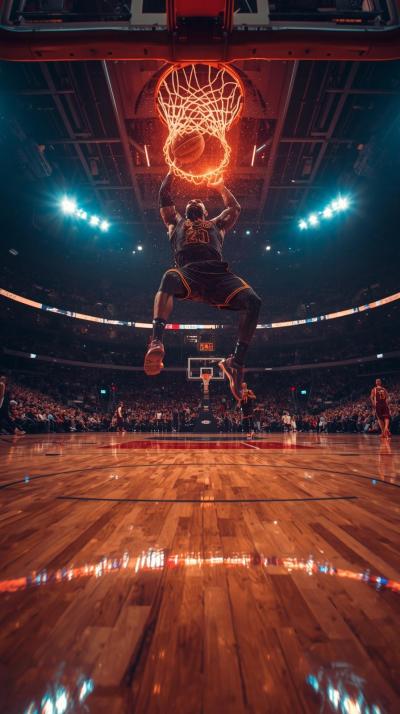 Close Up Of LeBron James Going Up For A Dunk Court