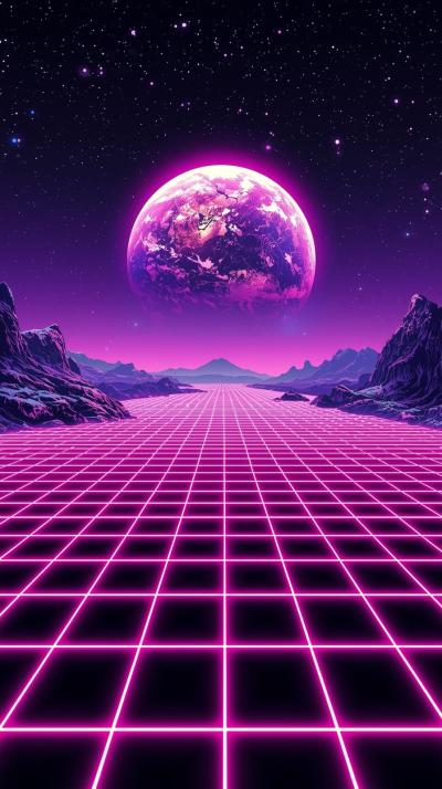 Synthwave Space Grid And Planet