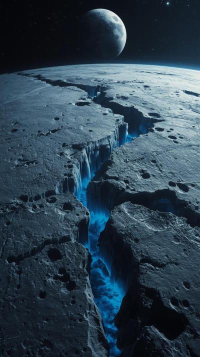 Icy Moon With Blue Crevasses