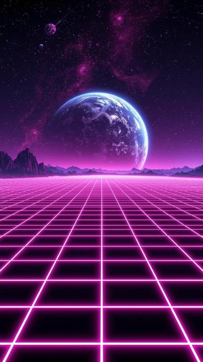 Synthwave Space Grid And Planet