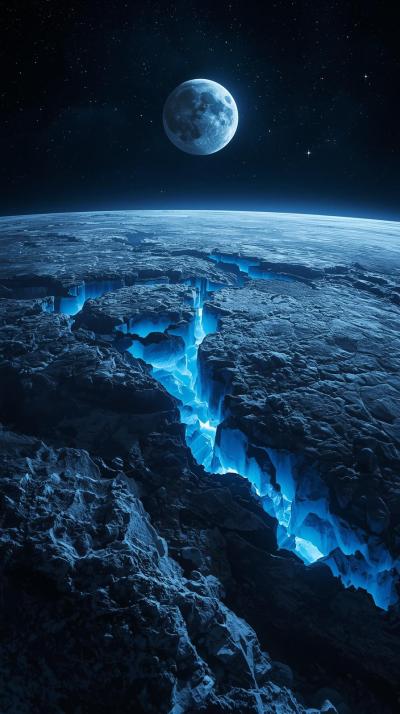 Icy Moon With Blue Crevasses