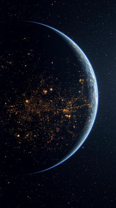 Crescent Planet ONight Side City Lights From Orbit