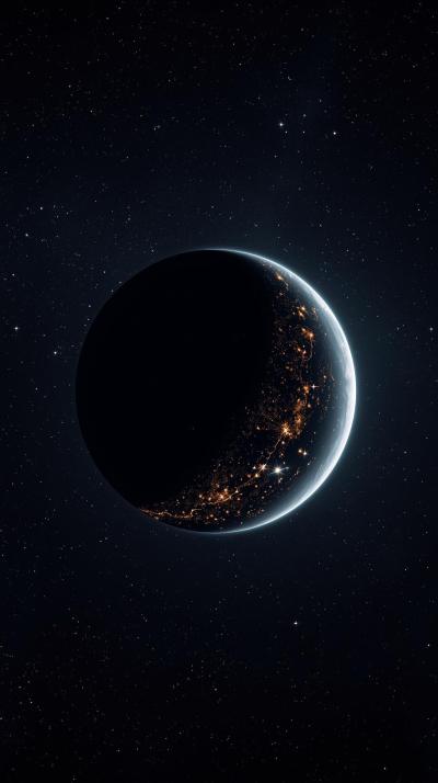 Crescent Planet ONight Side City Lights From Orbit