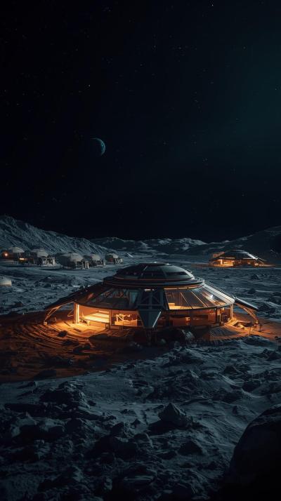 Lunar Base Lights At Night
