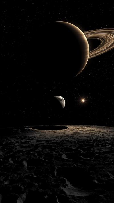 Ringed Planet BacTwin Moons Over Crater Plainklit