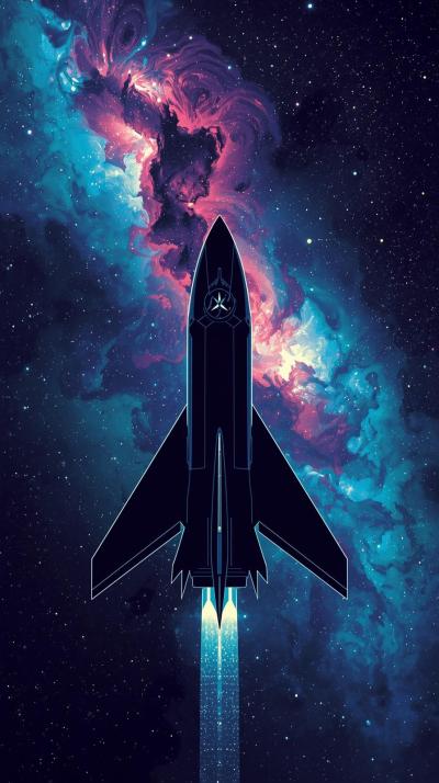 Rocket Silhouette Against Nebula