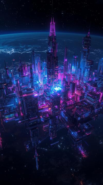 Neon Space City In Orbit