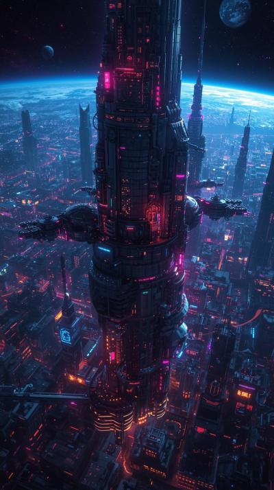 Neon Space City In Orbit
