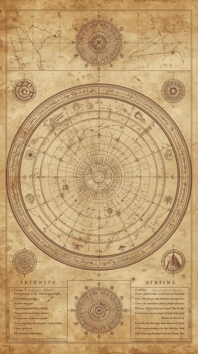 Celestial StarZodiac Wheel Copperplate Chart Aged