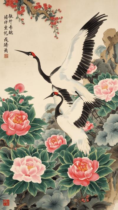 Chinoiserie Cranes And Peonies