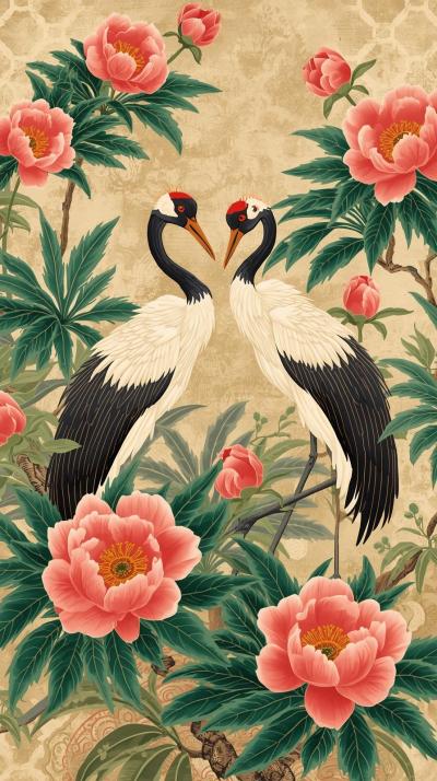 Chinoiserie Cranes And Peonies
