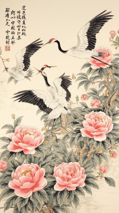 Chinoiserie Cranes And Peonies