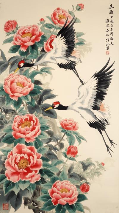 Chinoiserie Cranes And Peonies