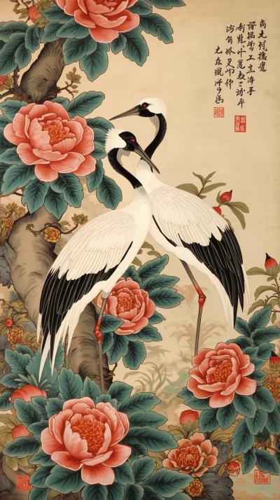 Chinoiserie Cranes And Peonies