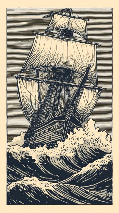 Nautical ComSailing Ship Woodcut Wavespass And Rop