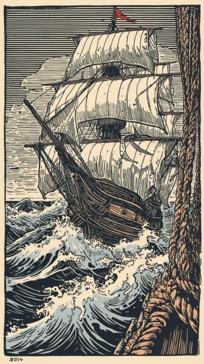 Nautical ComSailing Ship Woodcut Wavespass And Rop