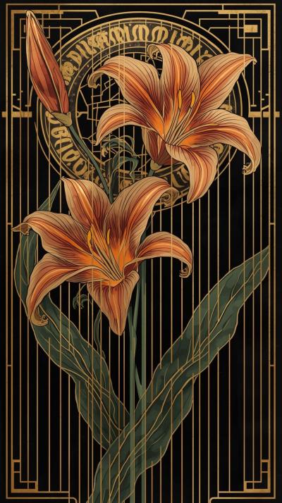 Art Deco GolArt Nouveau Lilies With Flowing Linesd