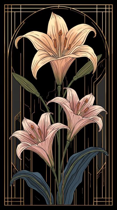 Art Deco GolArt Nouveau Lilies With Flowing Linesd