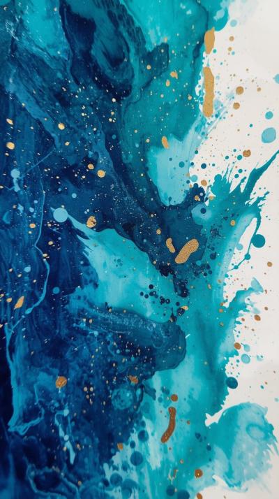 Abstract Watercolor Wash In Ocean Blues With Gold