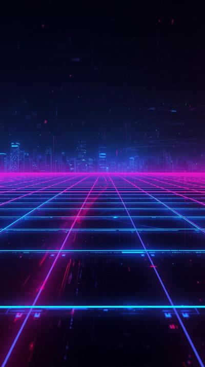 Dark Neon Cyber Grid With Glowing Elements And Vap