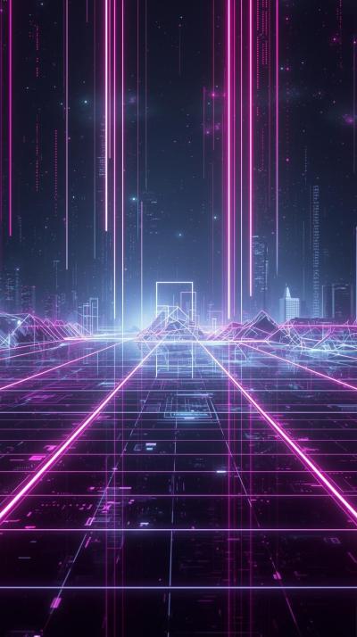 Dark Neon Cyber Grid With Glowing Elements And Vap