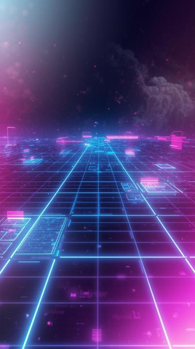 Dark Neon Cyber Grid With Glowing Elements And Vap