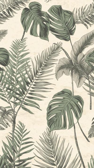 Hand Drawn Botanical Pattern Of Ferns And Monstera
