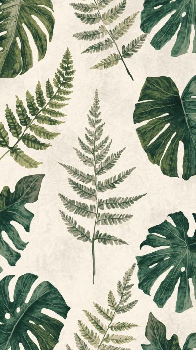 Hand Drawn Botanical Pattern Of Ferns And Monstera