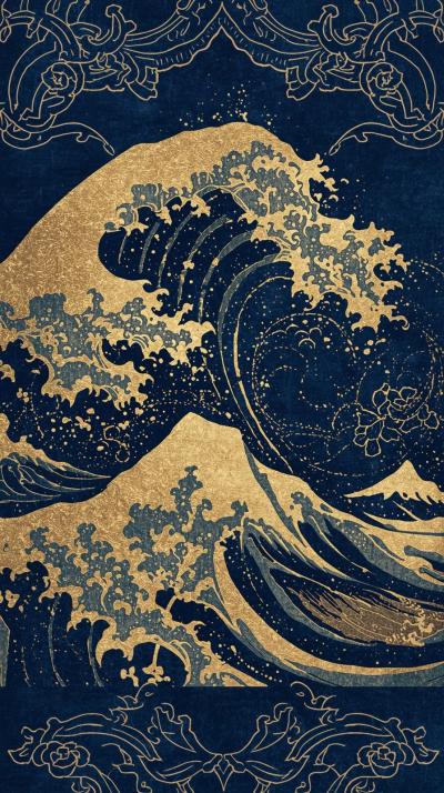 Japanese Wave Pattern In Deep Blue With Gold Outli