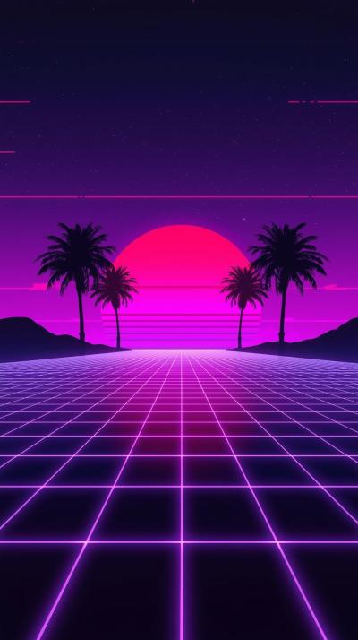 Retro   S Synthwave Grid With Neon Horizon Palm Si