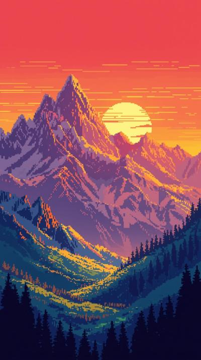 Retro Pixel Art Landscape With Mountains And A Ris