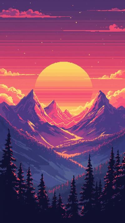 Retro Pixel Art Landscape With Mountains And A Ris