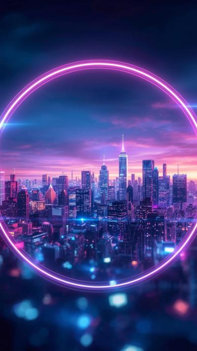 City Skyline Inside A Glowing Circle Aesthetic