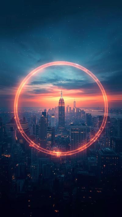 City Skyline Inside A Glowing Circle Aesthetic