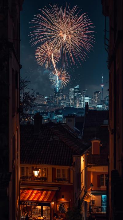 City Skyline With Fireworks In The Skysreet Caf Al