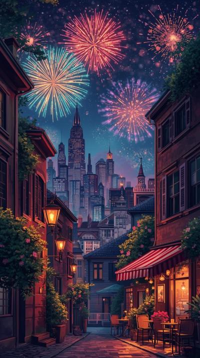 City Skyline With Fireworks In The Skysreet Caf Al