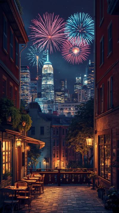 City Skyline With Fireworks In The Skysreet Caf Al