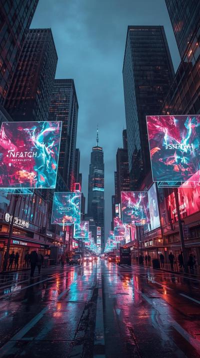 Cityscape With Floating Holographic Ads