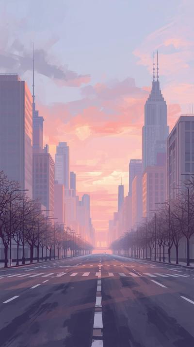 Deserted City At Dawn With Soft Pastel Sky